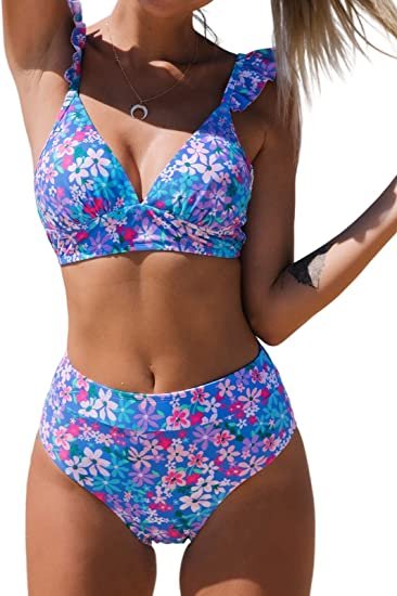 Women Bikini Sets 2 Piece Swimsuit High Waisted Bottom Floral Print Ruffle V Neck Bathing Suits